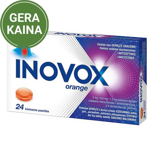 Gerklės skausmo simptomų palengvinimui Inovox Orange 2mg/0,6mg/1,2mg kietosios pastilės N24 | Mano Vaistinė