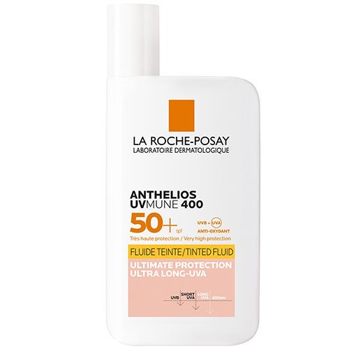 Su atspalviu. Labai didelė apsauga nuo UVA ir UVB spindulių Tonuojatis veido fluidas nuo saulės LA ROCHE ANTHELIOS UVMUNE 400, SPF50+, 50 ml | Mano Vaistinė