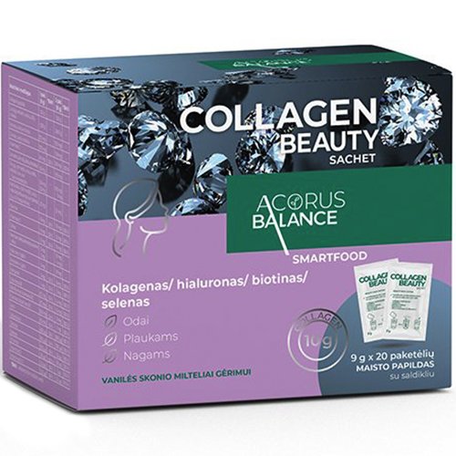 Vanilės skonio Grožiui ACORUS BALANCE COLLAGEN BEAUTY, 9 g, 20 pak.  | Mano Vaistinė