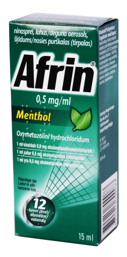 Vaistas užsikimšusiai nosiai Afrin Menthol 0,5 mg/ml nosies purškalas (tirpalas), 15 ml | Mano Vaistinė
