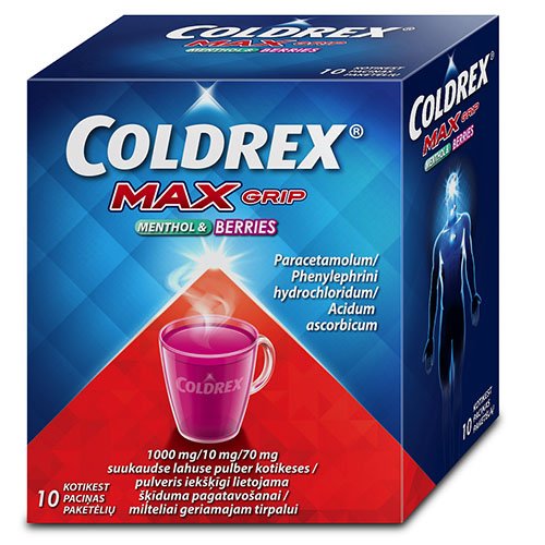 Milteliai nuo peršalimo Coldrex MaxGrip Menthol Berries milteliai geriamajam tirpalui, N10 | Mano Vaistinė