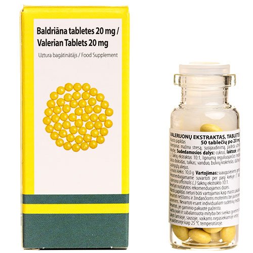 Maisto papildas nervų sistemai Valerijono 20 mg tabletės, N50 (B) | Mano Vaistinė