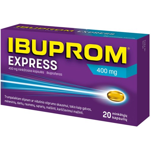 Trumpalaikiam silpnam ar vidutinio stiprumo skausmui, uždegimui malšinti Skausmui, karščiavimui, uždegimui IBUPROM EXPRESS, 400 mg, 20 kaps. | Mano Vaistinė Trumpalaikiam silpnam ar vidutinio stiprumo skausmui, uždegimui malšinti Skausmui, karščiavimui, uždegimui IBUPROM EXPRESS, 400 mg, 20 kaps. | Mano Vaistinė