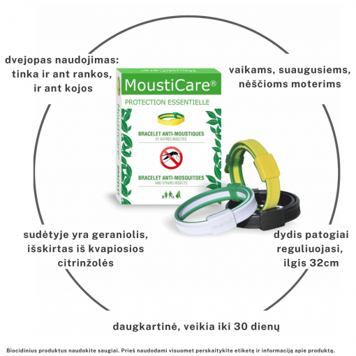 Apyrankė nuo uodų, erkių ir kitų geliančių mašalų (Juoda) MOUSTICARE | Mano Vaistinė