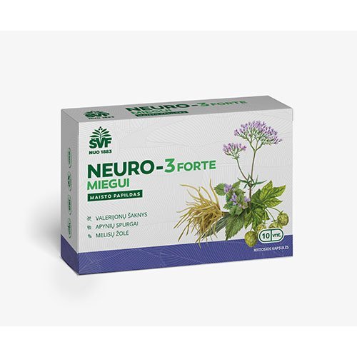 Specializuotas papildas nervų sistemai Miegui ŠVF NEURO-3 FORTE, 10 kaps | Mano Vaistinė