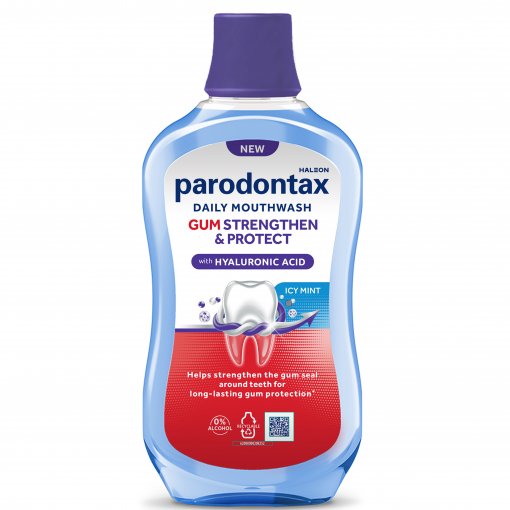 Šaldančios mėtos skonio, su hialurono rūgštimi Dantų skalavimo skystis PARODONTAX GUM STRENGTHEN&PROTECT, 500ml  | Mano Vaistinė