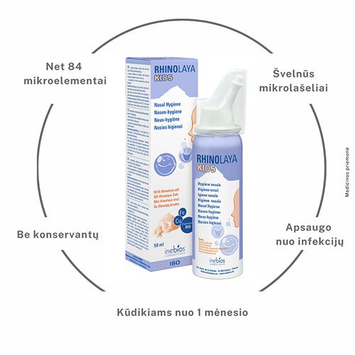 Preparatas nosies gleivinei Nosies purškalas su Himalajų druska RHINOLAYA KIDS, 50 ml | Mano Vaistinė