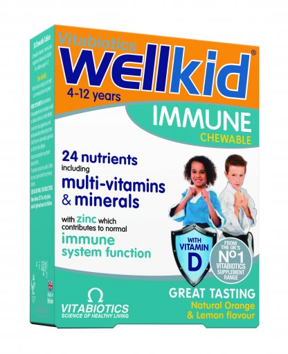 Puikaus vaisių skonio kramtomosios tabletės Vitaminų, mineralų ir omega-3 kompleksas vaiko imunitetui WELLKID IMMUNE, 30 tab. | Mano Vaistinė