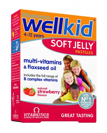 Puikaus braškių skonio, vaikų itin mėgstami Vitaminų, mineralų ir Omega-3 kompleksas 4-12 m. vaikams WELLKID SOFT JELLY, 30 guminukų | Mano Vaistinė