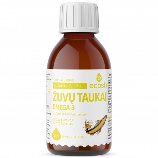 Žuvų taukai su camelina sativa aliejumi ECOSH, citrinų skonio, 150 ml | Mano Vaistinė