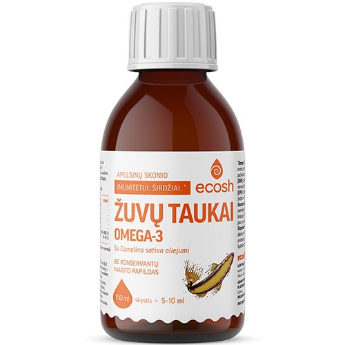 Žuvų taukai su Camelina sativa aliejumi ECOSH, apelsinų skonio, 150 ml | Mano Vaistinė